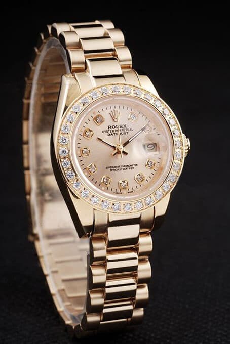 Rolex Replica Datejust Women Automatic Yellow Gold Plated Stainless Steel Diamond Bezel